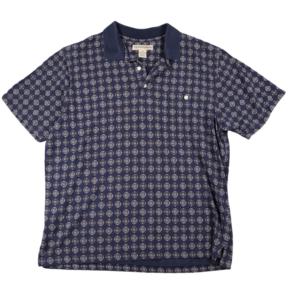Munsingwear Vintage Mens LG Blue Geometric Print Short Sleeve Polo Shirt‎ Pocket